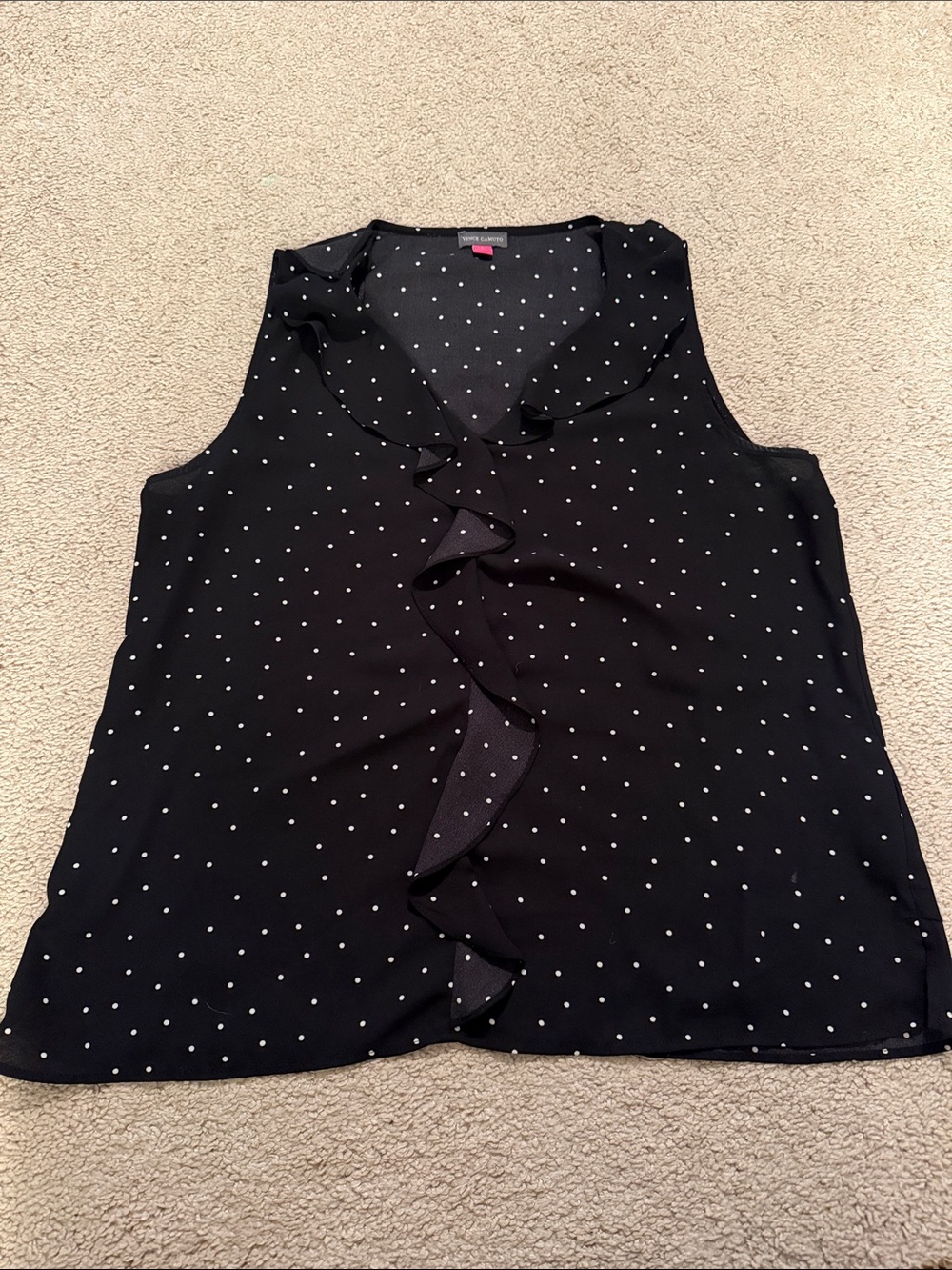Vince Camuto Polka Dot Ruffle-Front Black Sleeveless Top